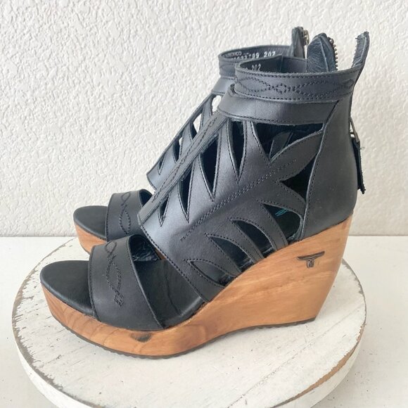 NEW Lane Boots BECCA Womens Black Wedges 8.5 Western Sandals Cowgirl Wooden Heel - Picture 4 of 10